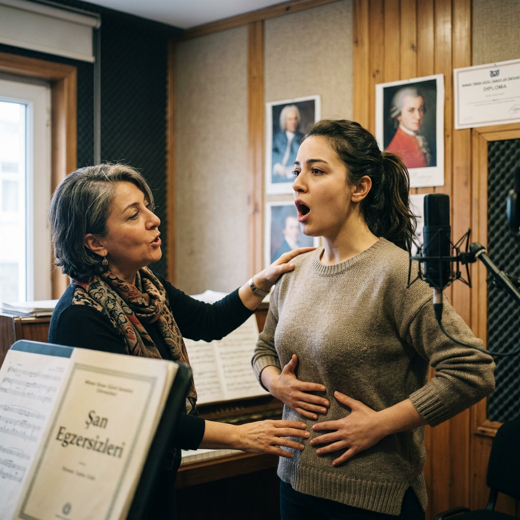 Instructor guiding a singer during vocal exercises; booklet reads “Şan Egzersizleri.”